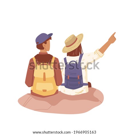 Couple of people with backpacks, tourist travelers flat cartoon people isolated. Vector tourists back view, young explorer travel together. Trekking man and woman with backpacks, looking at distance