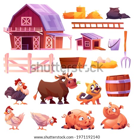 Domestic animals and poultry, barn and chicken coop isolated icons set. Vector collection of farm animals, cow and pigs, hen and rooster, dog. Pitchfork and nest with eggs, wood fence, bucket and hay