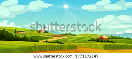 Green fields landscape of farmland, barns and farms, rural houses and windmills. Vector pasture with buildings, green grass, meadows and trees, blue sky on background. Country agriculture farmland