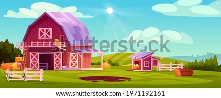 Farmyard outside scenery landscape vector illustration. Wooden barn farm house, green rural farm, chicken coop with eggs in nest, stalks of hay, blue sky on background, ladder, pitchfork and barrel