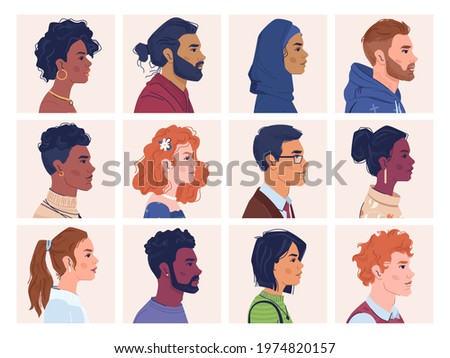 Diverse people, man and woman portraits, multiracial, multicultural crowd, side view portraits. multi-ethnic group, afro american and caucasian, africans and europeans, multinational ethnicity Сток-фото © 