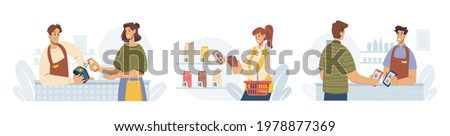 Contactless pay, people paying by smartphone, flat cartoon vector illustrations set. Mobile payments for purchases via nfc. Supermarket store counter cashier and buyer, shopper and vender at shop