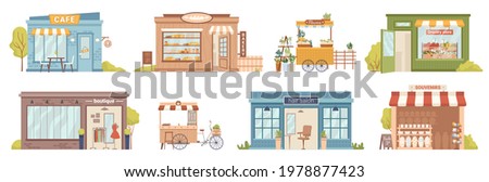 City street buildings facade exterior isolated retail local businesses. Vector cafe and bakery shop, flowers and grocery stores, clothing boutique and mobile kiosk. Hair salon and souvenirs market