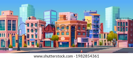 Infrastructure of city, skyscrapers and roads with traffic lights and zebra. Cityscape with buildings and business district. Skyline scenery outdoors metropolitan. Realistic 3d cartoon vector