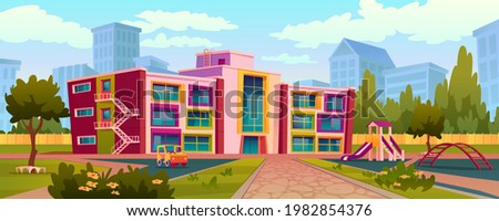 Exterior of kindergarten building and yard with swings and toys for children to play. Playground with trees and lush greenery, playtime and recreation outdoors for kids. Realistic 3d cartoon vector