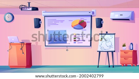 Interior of modern classroom of school, college or university. Empty room with whiteboard and charts, laptop and projector. Meeting or conference hall in business office. Flat cartoon style vector