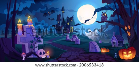 Graveyard and high spooky castle on top, cemetery with skulls and candles, pumpkins with lights and ghosts. Halloween landscape scene, small boneyard with tombstones and dry trees. Cartoon vector