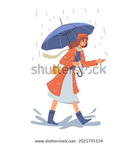 Female personage wearing warm clothes and coat holding umbrella and walking under rain. Cold weather in autumn fall season. Low temperatures and chill. Cartoon character in flat style vector