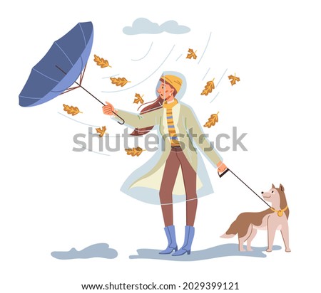 Female personage walking dog outdoors under rainy and windy weather in autumn. Fall seasonal weather, lady with umbrella and protective raincoat. Cartoon character in flat style vector illustration