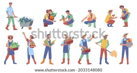 Man and woman farmers with harvest isolated flat cartoon characters. Vector people holding fruits and vegetables, local workers, nature and agriculture. Agronomist and gardener with organic products