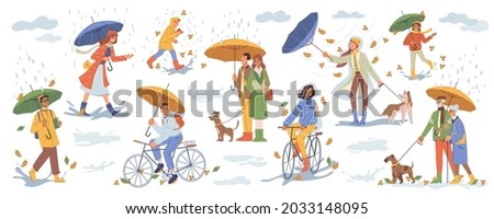 Rainy weather in autumn season, people under rain with umbrellas and raincoats. Man woman walking dog, person riding on bicycle, stroll, young parents, seniors. Cartoon character in flat style vector