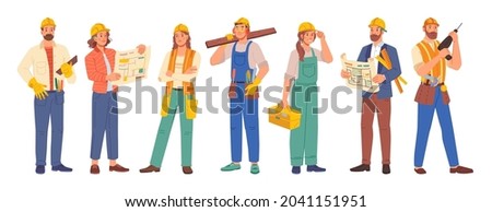 Workers professions isolated flat cartoon people set. Vector builders and architects, repairman and engineers, women and men industrial worker in uniform. Project managers, and employees in helmets Foto stock © 