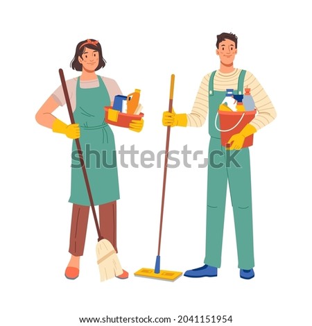 Cleaning workers isolated flat cartoon characters man and woman in uniform. Vector professional staff, domestic cleaner and washing equipment. Home clean, housework service or housekeeping janitors Foto stock © 
