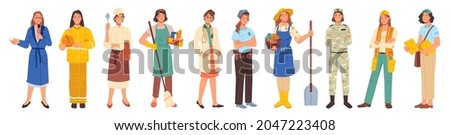 Different occupations, woman workers professions set isolated flat cartoon characters. Vector police lady, firefighter, builder and cook, doctor and farmer, journalist and military, postman, cleaner