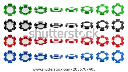Casino chips in different angles and colors, animation isolated 3D realistic set. Vector poker tokens in green and black, red and blue color. Pile of falling roulette coins with blank face