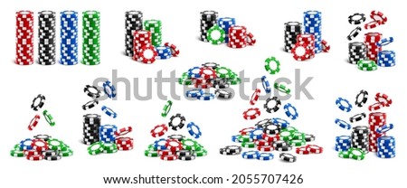 Falling chips and stacks of tokens, playing cards isolated realistic 3D icons set. Vector poker aces clubs and diamonds, hearts and spades, online gaming. Gambling game playing objects