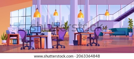Office open space, empty area workspace, modern business center interior. Vector computer tables and chairs, panoramic windows, loft lamps and ladder upstairs. Furnished room with sofa, plants