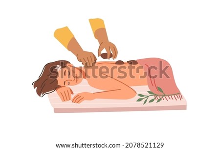 Young woman getting hot stone therapy massage in spa salon, flat cartoon illustration. Vector girl with warm pebbles on her back, anti stress relaxation. Masseuse hands, meditation and health care