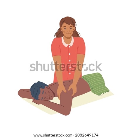 Spa therapy relaxing afro american man getting massage on back and shoulders, flat cartoon. Vector luxury healthcare treatment. Guy relax in beauty salon, health care, pleasure and bodycare