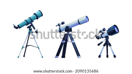 Modern portable three legged telescopes set isolated astronomer equipment cartoon icon. Vector optical device to explore, discover galaxy, cosmos, space. Telescope on tripod stand, educational tool