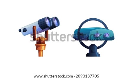 Permanently mounted coin operated outdoor observation binoculars viewing machines cartoon set. Vector tourist travel telescopes, viewfinder viewers landscape observation devices, spyglasses Photo stock © 