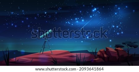 Modern portable telescope on tripod and starry sky outdoors landscape background. Vector optical device to explore, discover galaxy, cosmos, space, educational tool an night scenery, comets and rocks