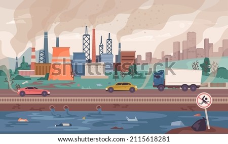 Dirty and polluted city, unhealthy and harmful environment. Vector scene of downtown in smog with factories and smoke from pipes. Water waste and sign no swimming. Global warming flat cartoon