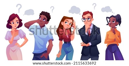 Businessman and team thinking on question and problem solution. Vector isolated students and teacher brainstorming. Confused flat cartoon characters showing pensive curious facial expressions