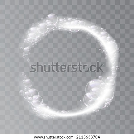 Bubbly and foamy liquid with soap, soapy water for washing and cleaning. Vector cosmetic products or detergent for hygiene and cleanliness, shampoo or gel. Bubbles forming circle, transparent