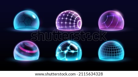 Safe and protected hemispheres set, isolated neon spheres with grid and mesh. Vector protection and security, digital space design. Planet globe parts with connected lines forming shield, illustration