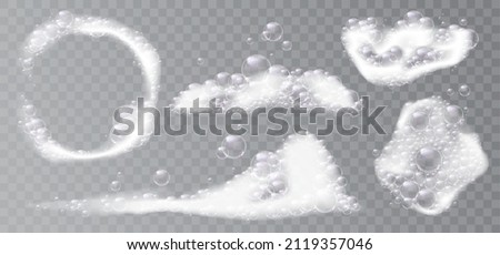 Cleaning and washing, isolated bubbly water with soap or detergent. Vector foam with bubbles, hygiene and cleanliness. Shaving product or shower gel, shampoo on transparent background, cartoon icons 商業照片 © 