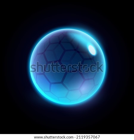 Ball made of neon glass, transparent energy sphere design, outer space futuristic planet or device. Vector bubble with bee cells effect on surface, lines circles connected. Innovative technologies