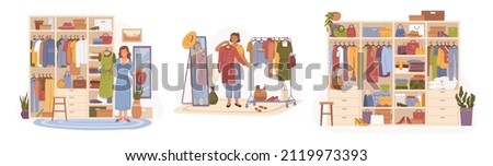 Wardrobe or cloakroom with clothes and stylish outfits for woman. Vector clothing shop or boutique with apparel for ladies. Mirror and hanger, shelves with accessories set. Flat cartoon character