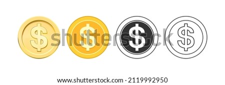 Golden dollar coin and monochrome sketch outline of money of USA. Vector currency, business and commerce, payment and profit symbol of economy and financial. Market and exchange, earnings and income