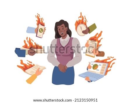 Stressed and busy worker given urgent work, deadline of projects. Vector female personage shy and sad, confused woman multitasking and managing company, running business. Flat cartoon characters