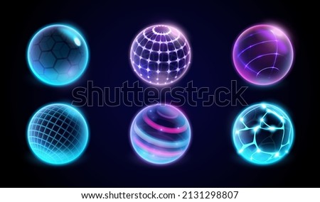 Neon balls with mesh protective barrier for security. Vector set of futuristic spheres with glowing and illumination. Cyberspace and defense. Abstract circular objects with shining smooth surface