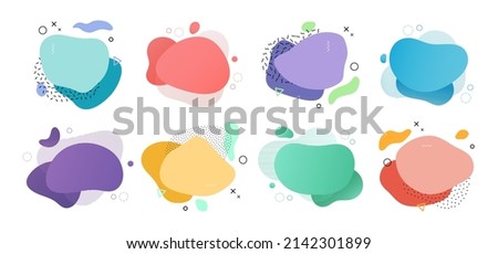 Memphis blob forms, isolated variety of colored liquid shapes with splashes design. Vector flat cartoon, typography or banners templates, abstract background for text, copy space on icons set