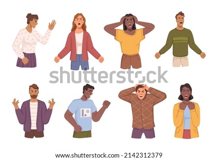 People expressing anger emotion, isolated man and woman personage shouting and screaming. Vector flat cartoon characters of different nationalities. Hatred and annoyance stress and exhaustion