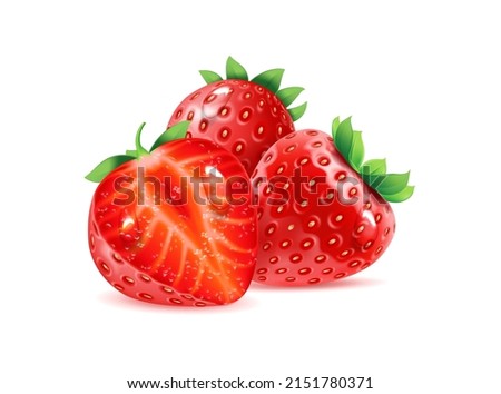 Ripe realistic strawberry composition, isolated whole berry and cut in half fruit with drops of water. Vector flat cartoon tasty and organic product composition, washed juicy sweet dessert