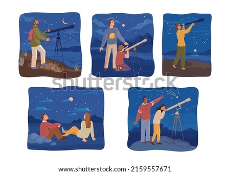 Astronomy discoveries and hobbies of people watching through telescopes in starry sky. Galaxy and universe with planets and celestial bodies. Flat cartoon character, vector illustration