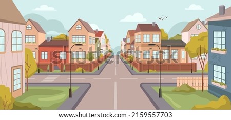Small town or countryside street, suburban area with crossroads and rows of residential houses and building for living. Property and real estate for sale in city. Vector in flat style