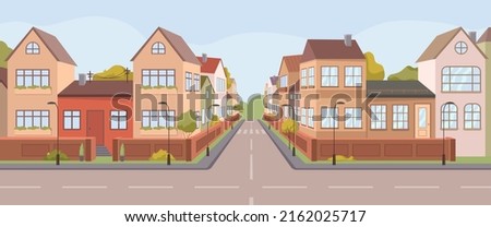 Houses and buildings on suburban area, street of district or city center. Residential constructions and fences and yards, neighbourhood and apartments for living. Vector in flat style