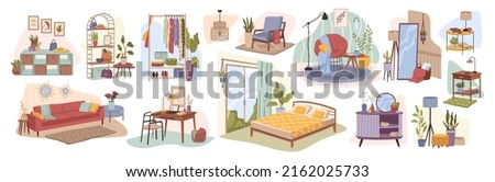 Bedroom and hall interior flat cartoon icons set. Vector bed and wardrobe, dressing table and mirror, sofa and pillows, couch near big window. Chair and lamp, apartment with modern shelf, cosy home