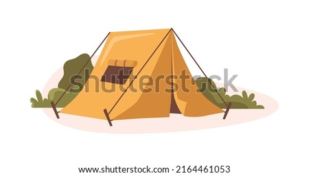 Camping and traveling, summer vacation and relax outdoors. Leisure and rest in nature. Campsite with tent for relaxing. Recreation and entertainment in mountains. Vector in flat style