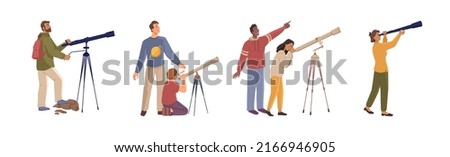 Man and woman, adults and children watching starry sky and celestial bodies in telescopes or binoculars. Exploring outer space and looking for planets. Flat cartoon character, vector illustration