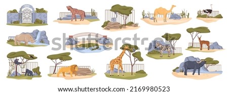 African wildlife, nature reserve parks for exotic animals. Zoo or menagerie with crocodile and giraffe, rhino and buffalo, ostrich and lion, deer and gorilla. Flat cartoon, vector illustration