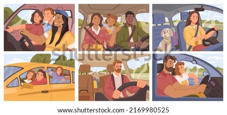 Friends and families driving car, journey or vacation, road trip with dog. Woman with pet going on holiday. Person in vehicle driving, vector illustration, flat cartoon drivers and passengers