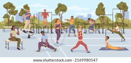 Sports and gymnastics, fitness and outdoors activities for health. Woman skipping on jumping rope, man with dumbbells pushing and pulling up characters. Flat cartoon, vector illustration