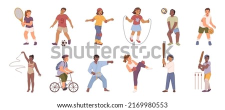 Happy children playing sport game, characters doing physical exercises. Vector boys and girls playing tennis, football, riding bike and play basketball. Taekwondo and boxing, cricket and gymnastics