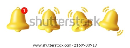 3d notification bell icon set isolated on white background. Vector illustration of yellow ringing bell with new notification for social media reminder. Realistic notice event sign, new message symbol